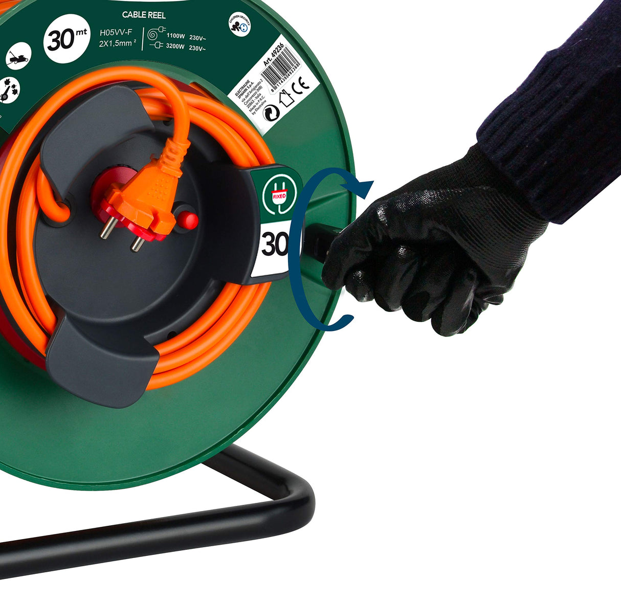Electraline 49236 Alargador de jardín con enrollacables 30 Mt, enchufe y toma Europea 2 polos, apto para Electrodomésticos de jardinería, con protección y Platin Fix, sección Cable 2x1,5 mm2