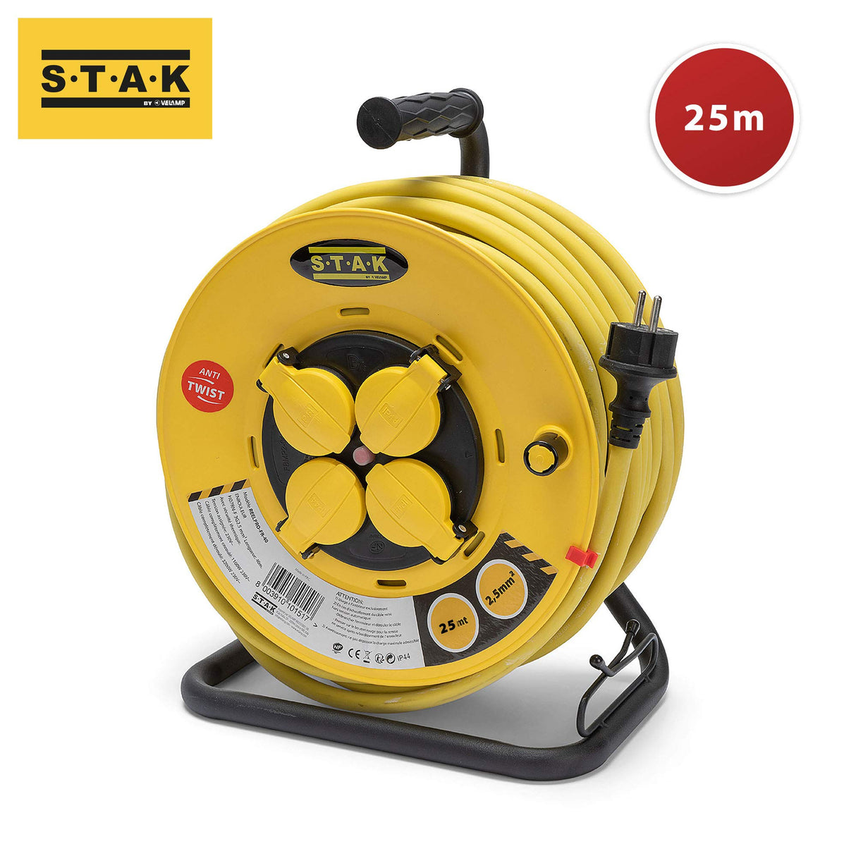 Stak REELPRO-FR-25 - Enrollador eléctrico profesional, tambor fijo, resistente al agua IP44 cable 25 m de goma 3G2,5 mm2 para obras, bricolaje, jardín, 4 enchufes, chasis de acero, color amarillo