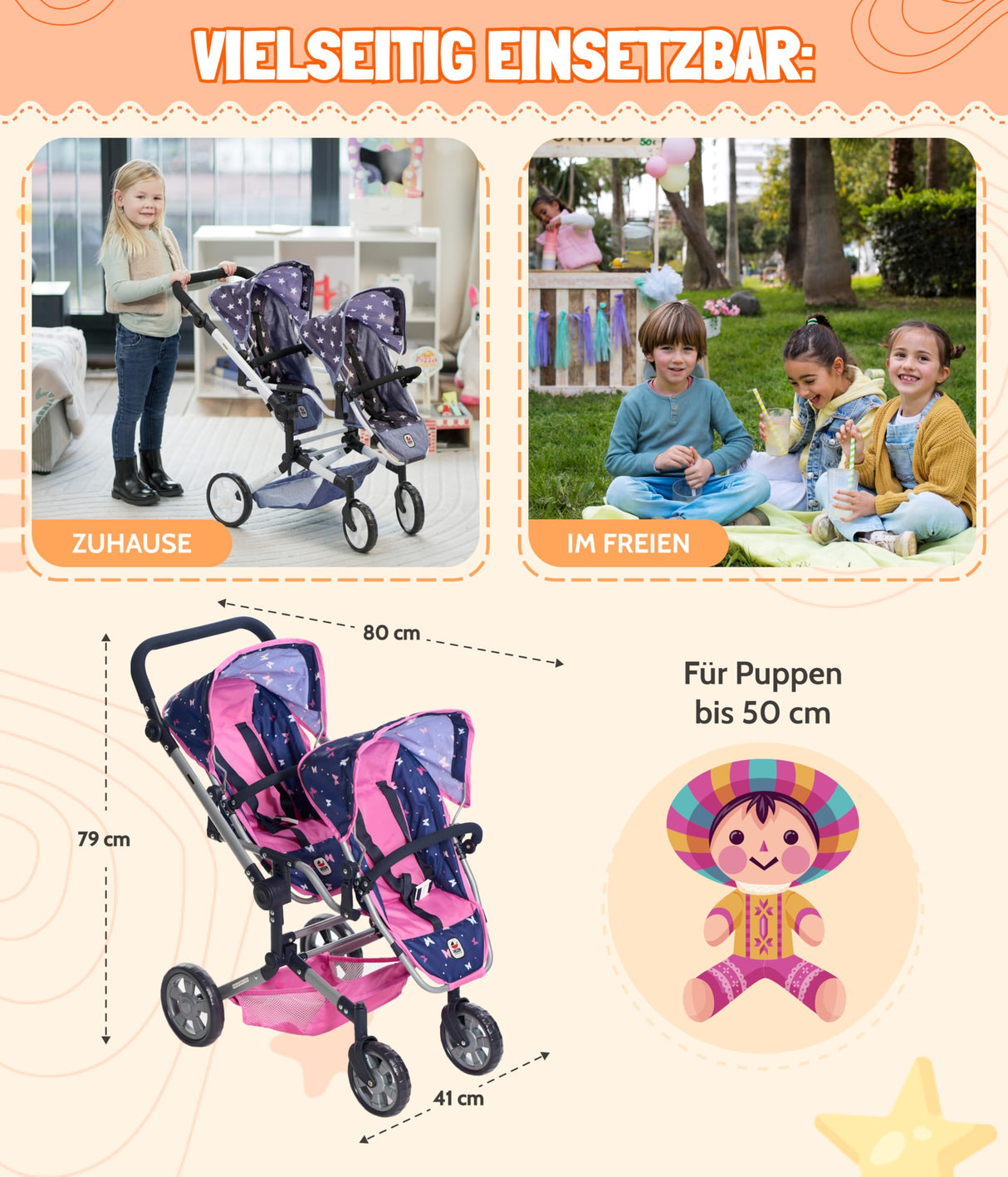 Bayer Chic 2000 - Cochecito para muñecas Linus Duo, Cochecito Doble para niños de 4 a 8 años, Mariposa, Rosa Marino, 690-33