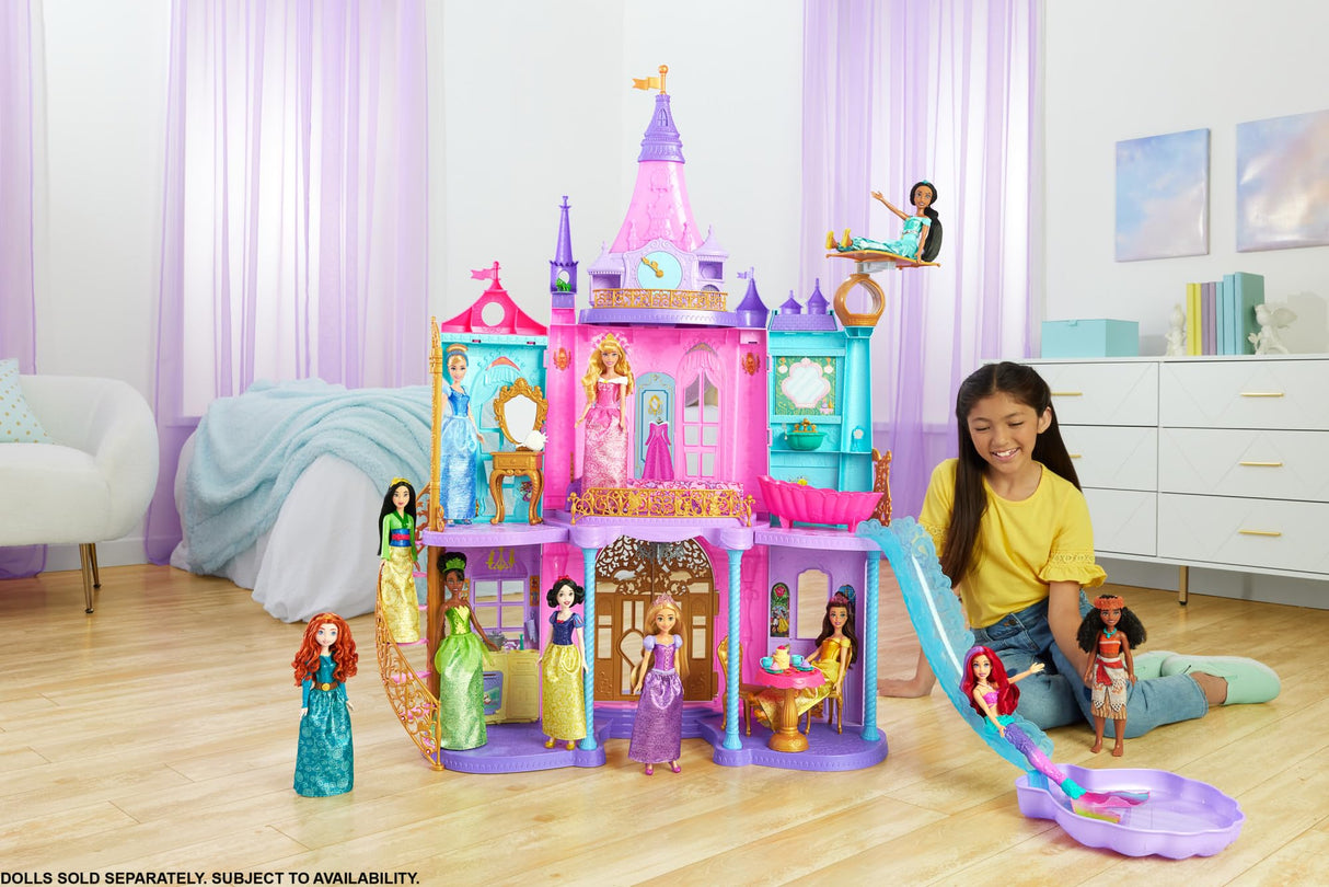 Mattel Disney Princess Castillo aventuras reales Casa de muñecas para princesas con dos pisos, muebles y accesorios, con luces y sonidos, juguete +3 años (HLW29)