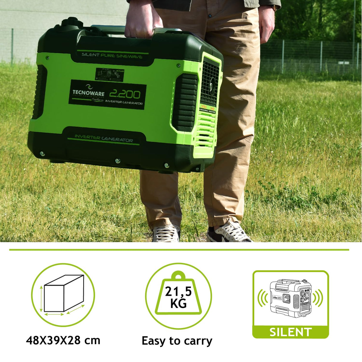 Tecnoware Power Systems - Generador Eléctrico Portátil 2200VA, Inverter Silencioso 58dB, Motor OHV 4 Tiempos, Eco Speed Control, 2 Tomas Schuko, Generador Gasolina Inverter, Verde, 2200 VA