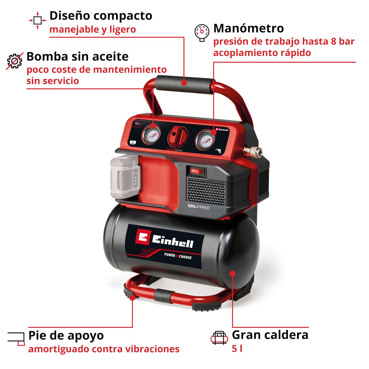 Einhell Compresor con batería TE-AC 18/75 Li OF-Solo Power X-Change (18 V, máx. 8 bar, depósito de 5 l, potencia de aspiración 75 l/min, 2 manómetros, sin aceite, sin batería)