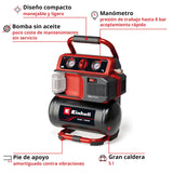 Einhell Compresor con batería TE-AC 18/75 Li OF-Solo Power X-Change (18 V, máx. 8 bar, depósito de 5 l, potencia de aspiración 75 l/min, 2 manómetros, sin aceite, sin batería)