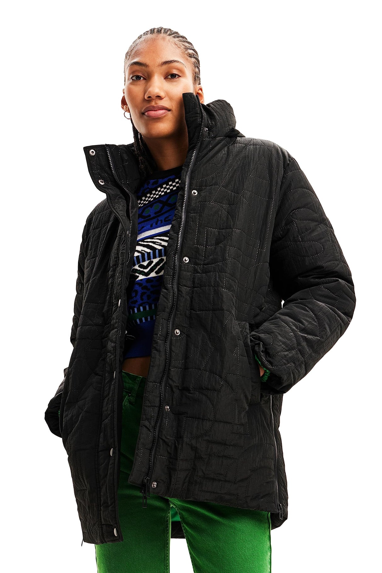 Desigual Padded_Tulip Abrigo Largo para Mujer de Lana Acolchada, Negro, M
