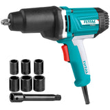 TOTAL - Llave de Impacto a Cable de 550 Nm - Pistola Neumática Eléctrica - Carcasa de Aluminio con Protector de Goma - Incluye un Adaptador y 6 Llaves de Vaso