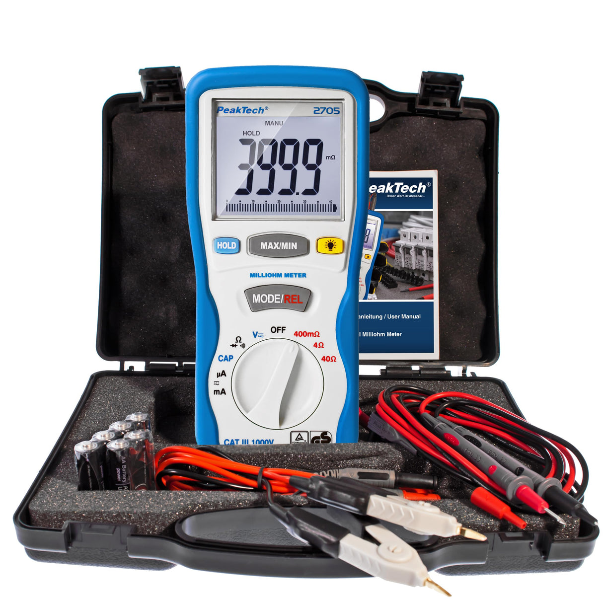 PeakTech 2705 – Miliamperímetro digital con cables de prueba Kelvin de 4 pines, TUV/GS, medición de miliohmios, corriente, multímetro, probador de continuidad, gráfico de barras - CAT III 1000 V