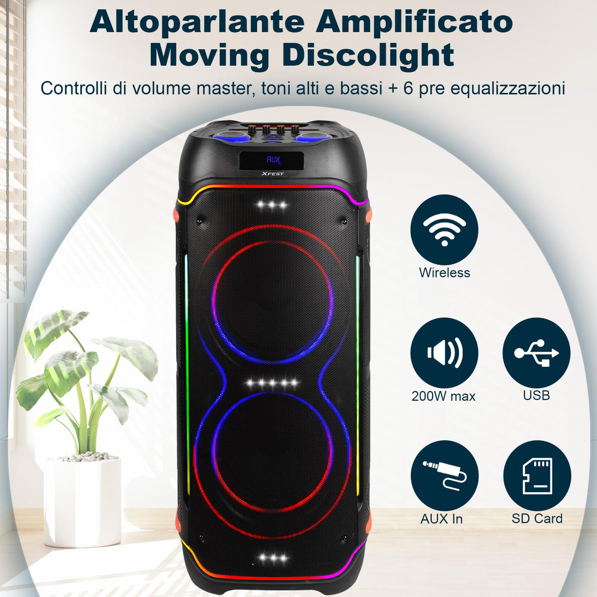 Trevi XFest XF 3600 Pro - Altavoz inalámbrico de 200 W, Altavoz portátil con micrófono inalámbrico Incluido, entradas USB, Micro SD, AUX-IN, función TWS, Karaoke Party Speaker con batería integrada
