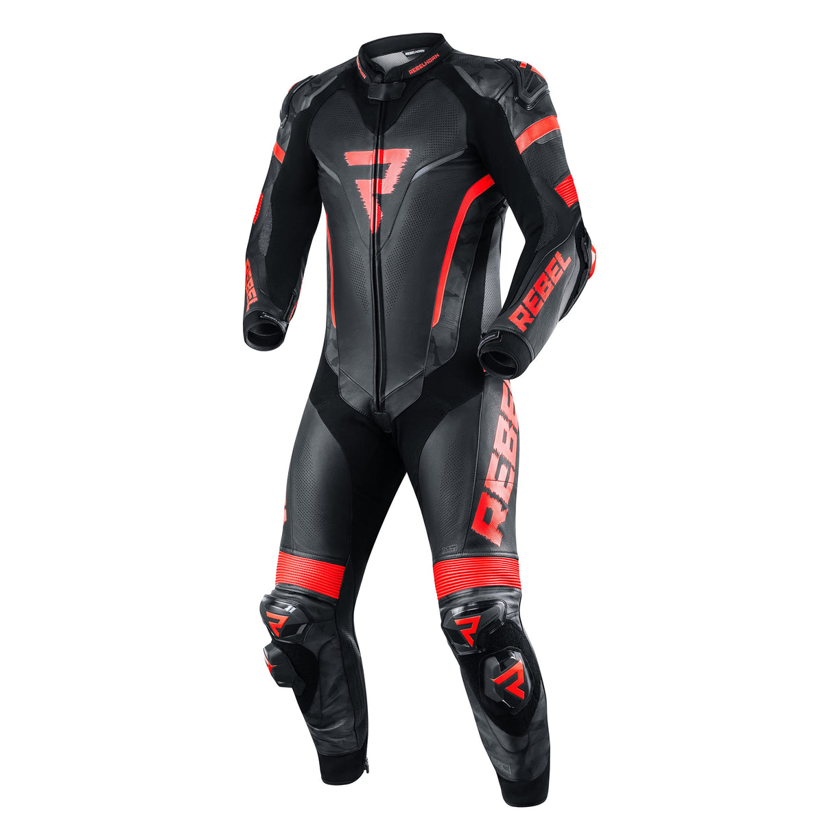 REBELHORN Rebel Traje una pieza de moto de cuero para hombre, codo, hombro, espalda, rodilla, cadera y coxis protectores, ventilación, 4 bolsillos, paneles reflectantes