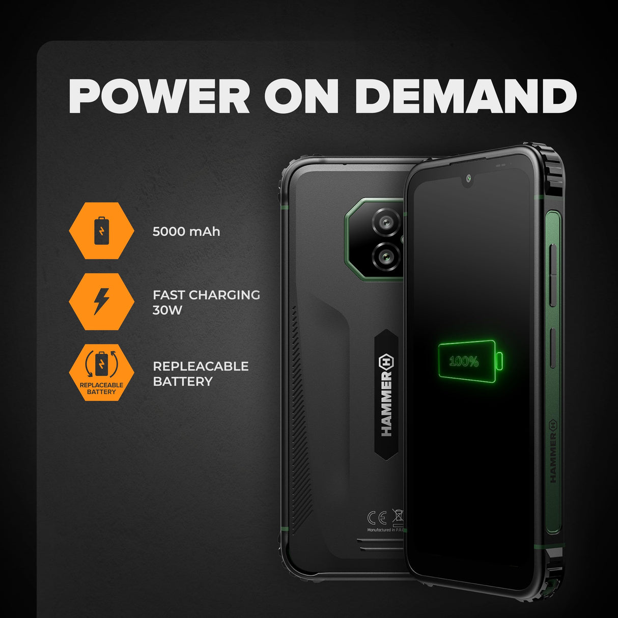 Hammer H Ranger 4G LTE, 6/128GB, Android 15, Dual-SIM, Bluetooth 5.2, NFC. 50 MPX, Omnivision, 5000 mAh, Powerbank, IP69