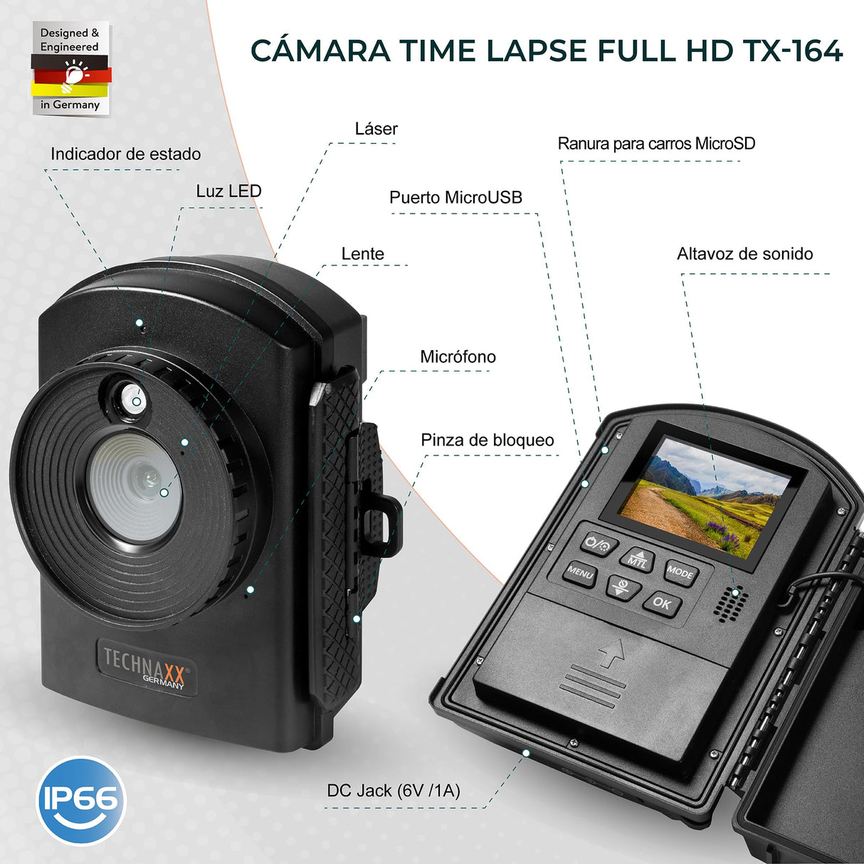 Technaxx Cámara para grabación en cámara Lenta con micrófono Incorporado Altavoz y Capacidad de grabación en Modo FullHD alimentación de la batería Varios Modos de Funcionamiento ТХ-164