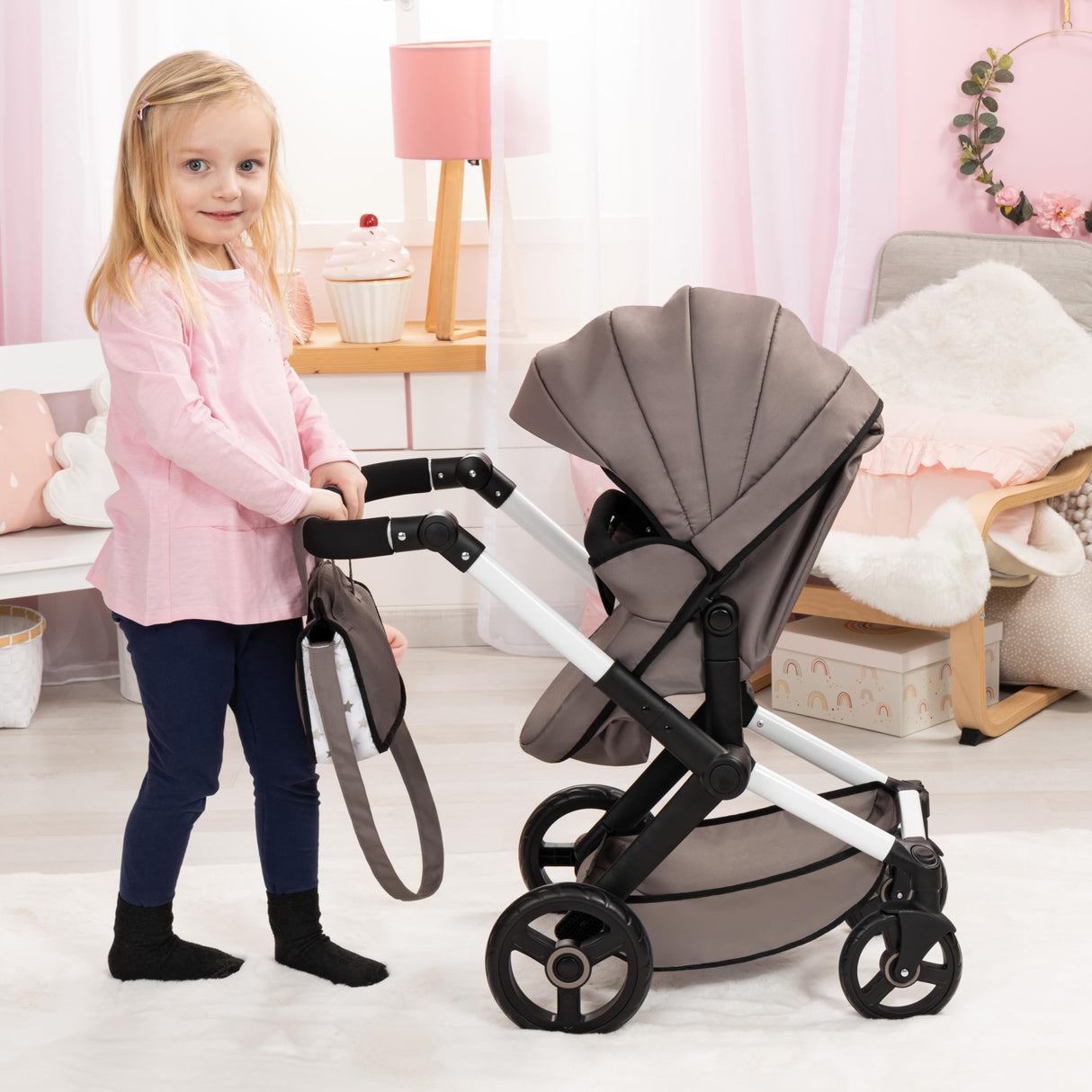 Bayer Design 17086AB Cochecito de muñeca Combi Xeo, Carro para muñecos, Bolsa, Convertible, Regulable en Altura
