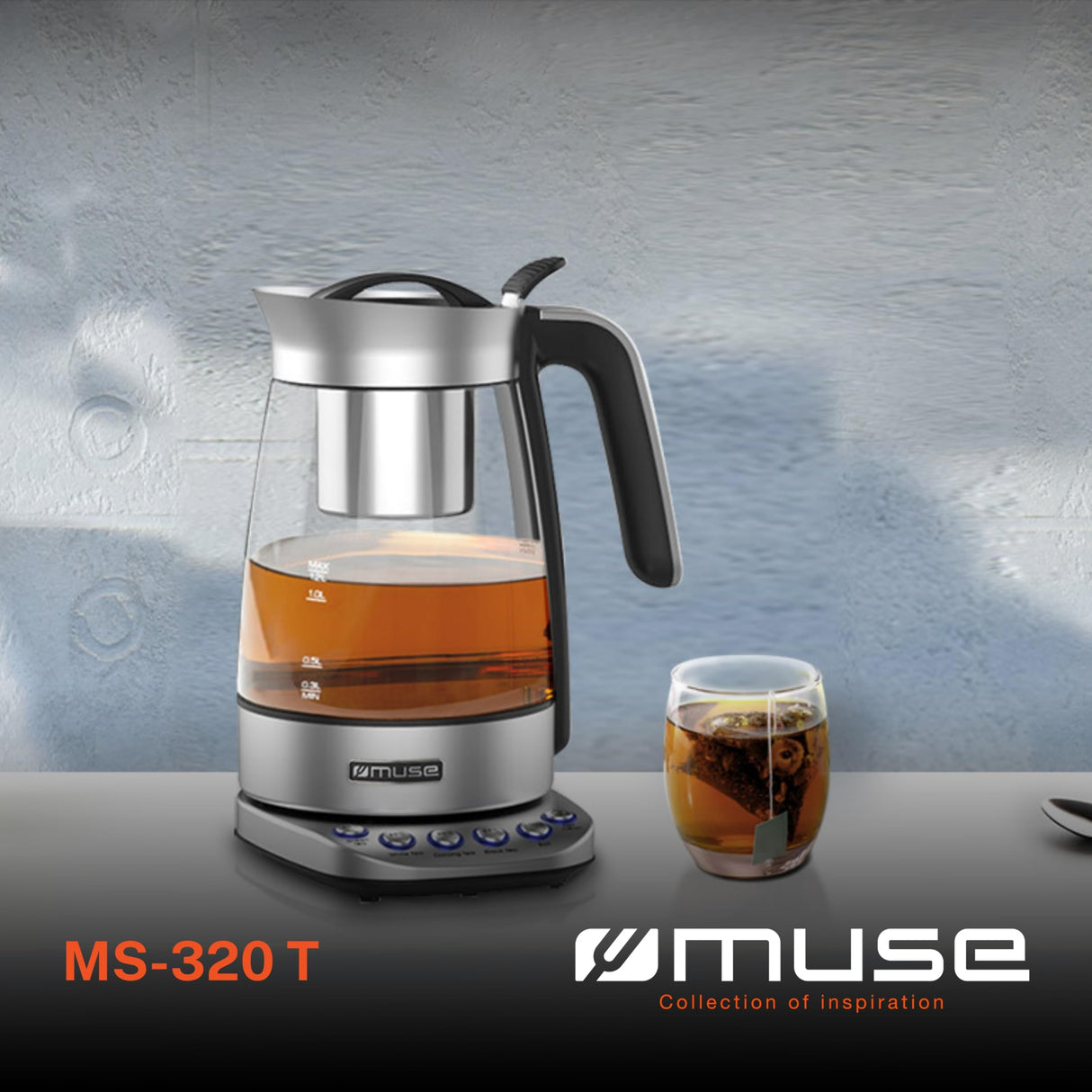 Muse MS320T. Tetera con carcasa de cristal, Función de mantener caliente, Cesta de té extraíble.