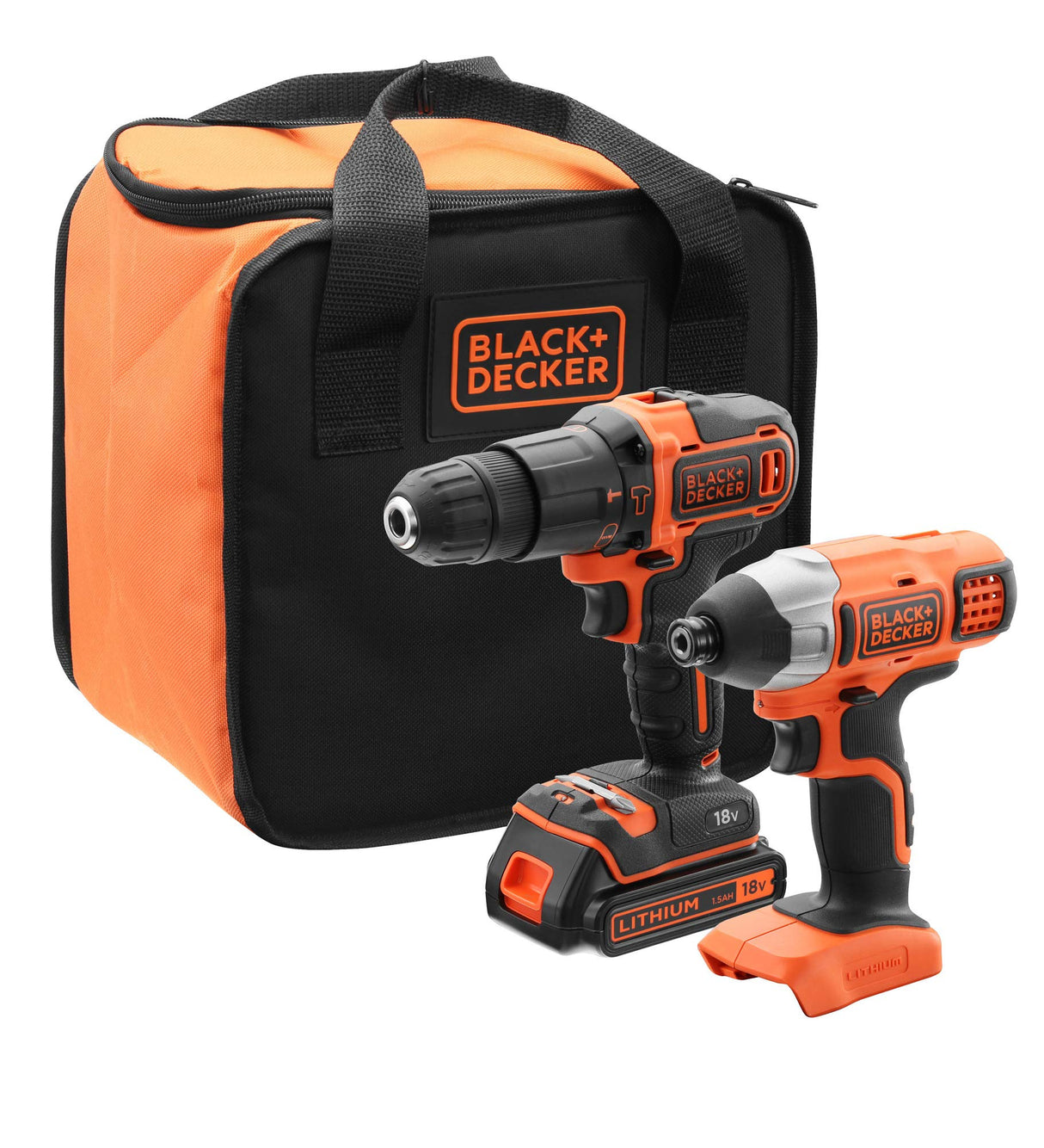 BLACK+DECKER BCK21S1S, Kit de Taladro Atornillador de Impacto Inalámbrico, 1 Batería, Incluye Bolsa de Almacenamiento 18 V