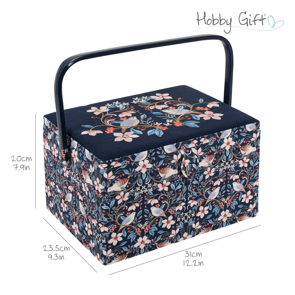Hobby Gift Caja de costura grande - Pájaros en flores de tela de algodón bordada con asa de plástico, bandeja interior de plástico duro con compartimentos, alfiletero 23,5x31x20cm