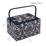 Hobby Gift Caja de costura grande - Pájaros en flores de tela de algodón bordada con asa de plástico, bandeja interior de plástico duro con compartimentos, alfiletero 23,5x31x20cm