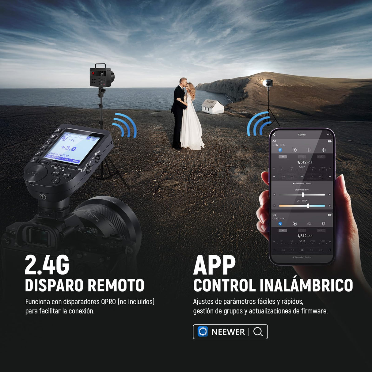 NEEWER Q6 600Ws 2,4G TTL Flash Estudio Exterior con App Control, 1/1 a 1/512, 1/8000 HSS 3000mAh Foto Luz Strobe Batería,30W Lámpara Modelado LED Bicolor/Flash Potencia Total 400/Reciclaje 0,01-0,9s