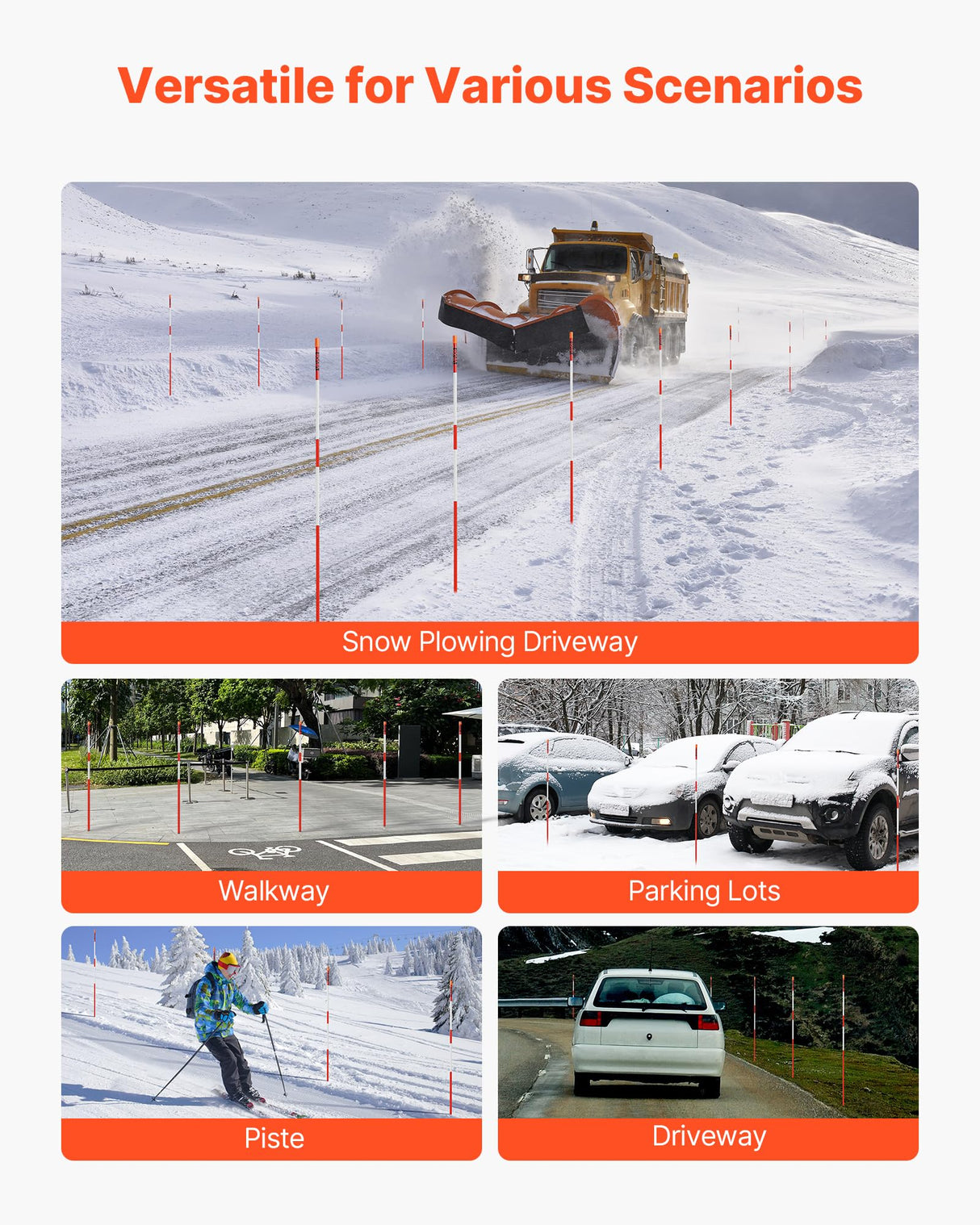 VEVOR Marcadores de Entrada, 500 PCS de Φ 8 x 1220 mm Reflectores de Alta Visibilidad con Brocas de Acero de 30 cm Bastones Reflectantes de Fibra de Vidrio para Nieve, Estacionamientos, Pasarelas