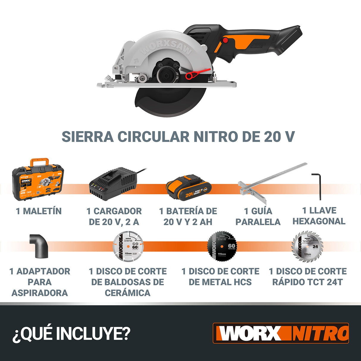 WORX Sierra circular Brushless WORXsaw XL 20V | PowerShare | WX531-1 batería 2Ah | Motor sin escobillas, diseño de cuerpo fino, rápido ajuste de profundidad