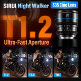 SIRUI Night Walker 16mm Lente de Cine con Enfoque Manual, T1.2 Large Aperture S35 Frame Wide Angle Prime Lens para X Montura Cameras, para X-H2/H2S, XT-4, XT-3,X-S10, X-S20 (MS16X-B, X Montura, Negro)