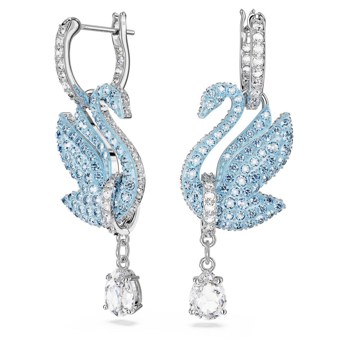Swarovski Pendientes Iconic Swan, Motivo de Cisne, Pavé de Cristales Azul Hielo, Baño de Rodio