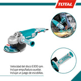 TOTAL - Amoladora Angular de Cable con Potencia de 2400 W - Disco de 230 mm - Velocidad de 6300 rpm - Incluye Empuñadura Extra para Mejor Agarre y Juego de Escobillas