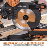 Evolution Power Tools R255SMS-DB ingletadora, Sierra ingletadora deslizante multimaterial de 255 mm, con doble bisel y paquete plus, hasta 300 mm x 90 mm, 5° a izquierda y derecha, inglete de 50°