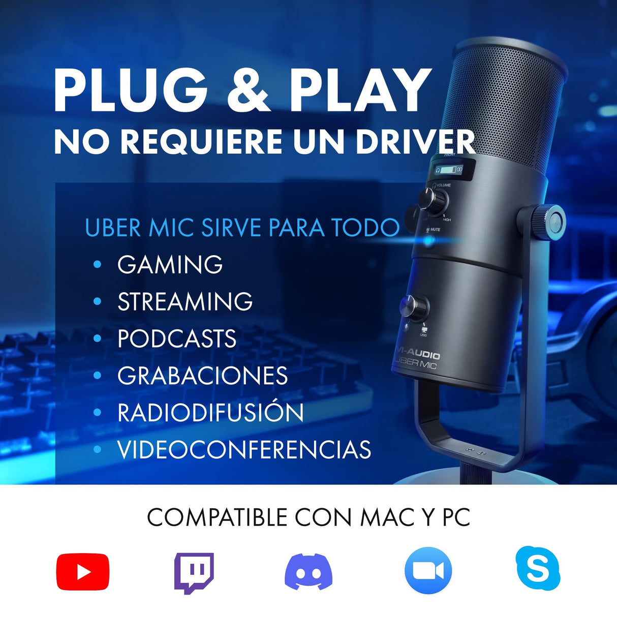 M-Audio Uber Mic - micrófono de condensador USB, para gaming y streaming en PC, podcast, grabaciones, con 4 patrones polares, mute y salida de auriculares