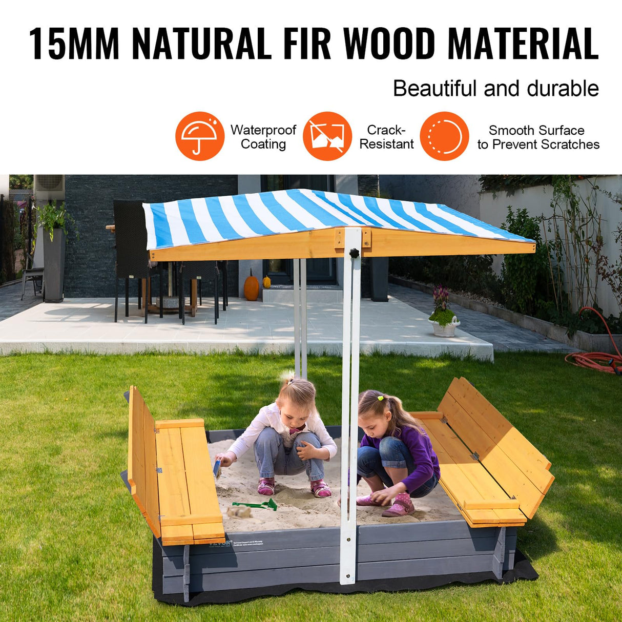 VEVOR Caja de Arena de Madera con Dosel, 145,5 x 120 x 120 cm, Arenero con Bancos Plegables y Revestimiento Inferior Caja de Arena para Niños de 3 a 12 Años para Exteriores, Patio, Playa, Parque