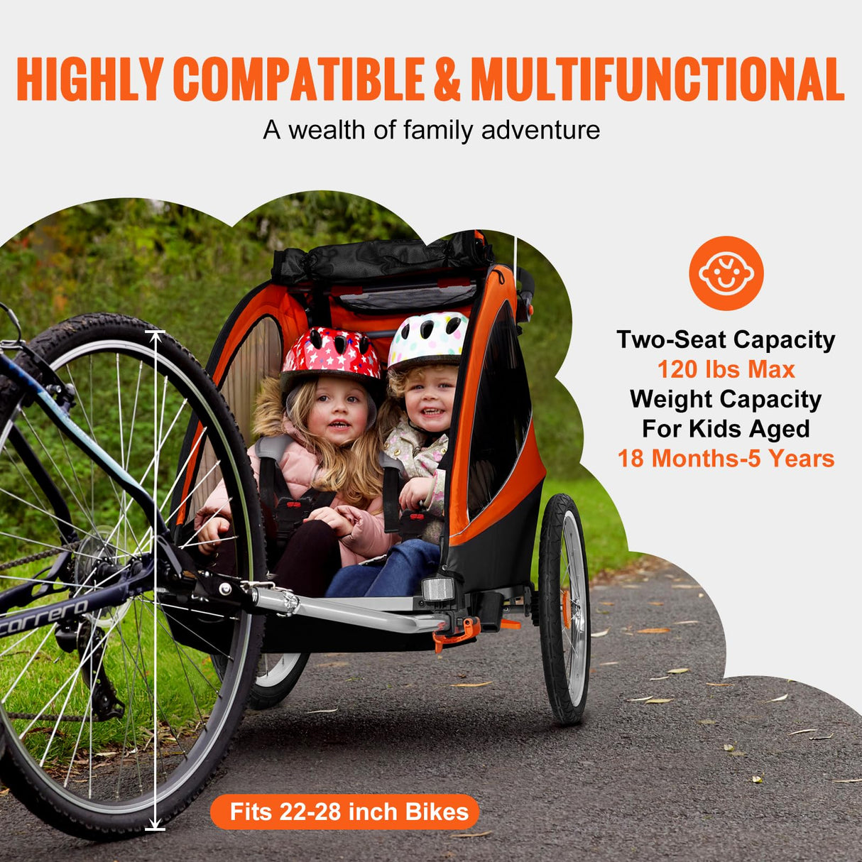 VEVOR Remorque de vélo pour Enfants, siège Double, Charge 55 kg, Porte-auvent 2 en1 transformant en Poussette, remorque de vélo Pliable pour Tout-Petits Avec attelage de vélo universel, Orange Gris
