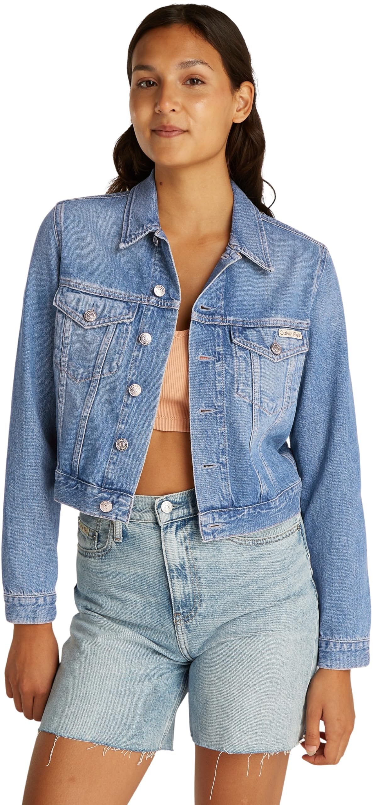 Calvin Klein Cazadora vaquera Mujer Cropped 90'S Denim Trucker con bolsillos en el pecho, Azul (Denim Light), XL