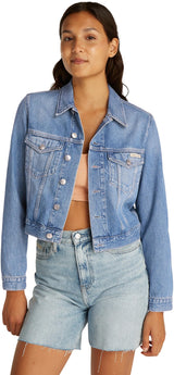 Calvin Klein Cazadora vaquera Mujer Cropped 90'S Denim Trucker con bolsillos en el pecho, Azul (Denim Light), XL