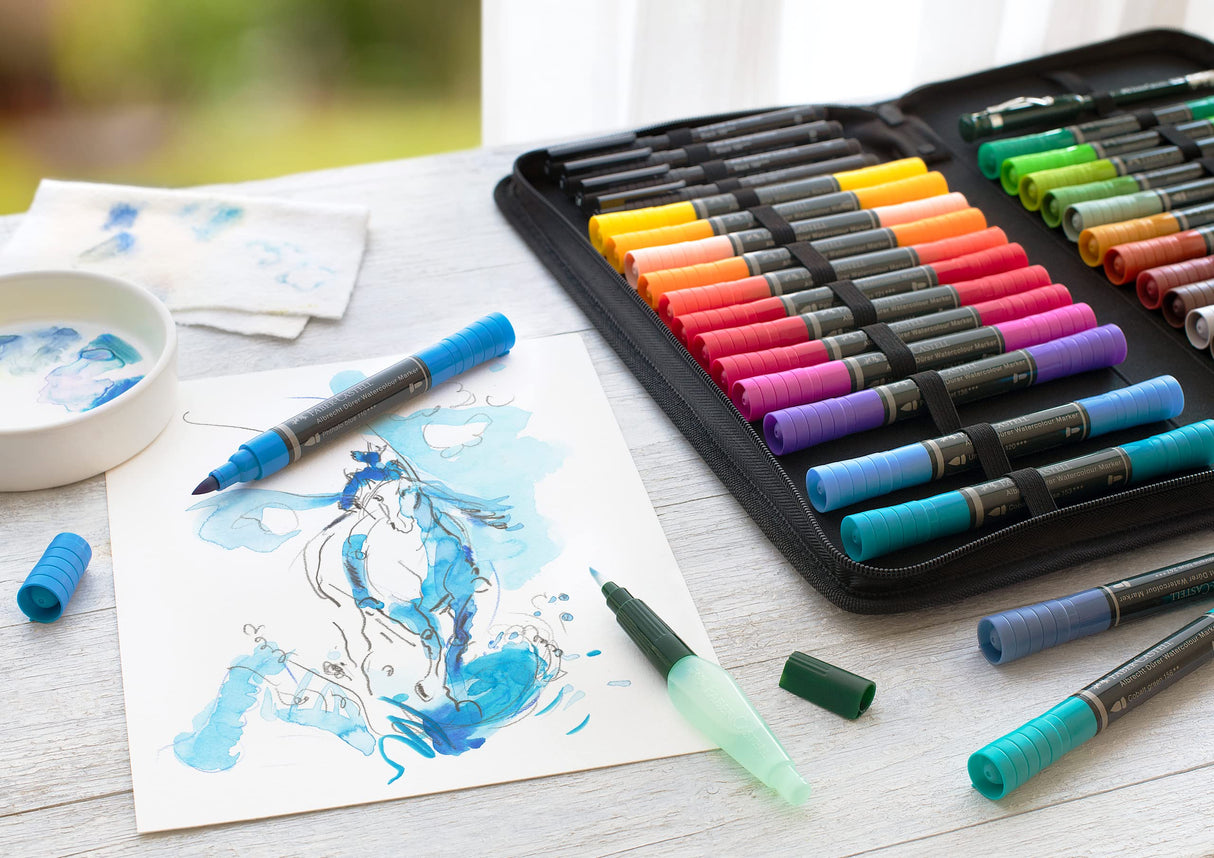 Faber-Castell 160301 Albrecht Dürer - Estuche con Cremallera de 30 Marcadores Acuarelables - Doble Punta para Artistas - 4 PITT® Artist Pen - 1 Pincel con Depósito - 1 Lápiz Castell 9000