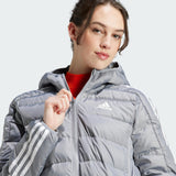 adidas Mujer Essentials 3-Stripes Light Down Hooded Parka, Grey, S