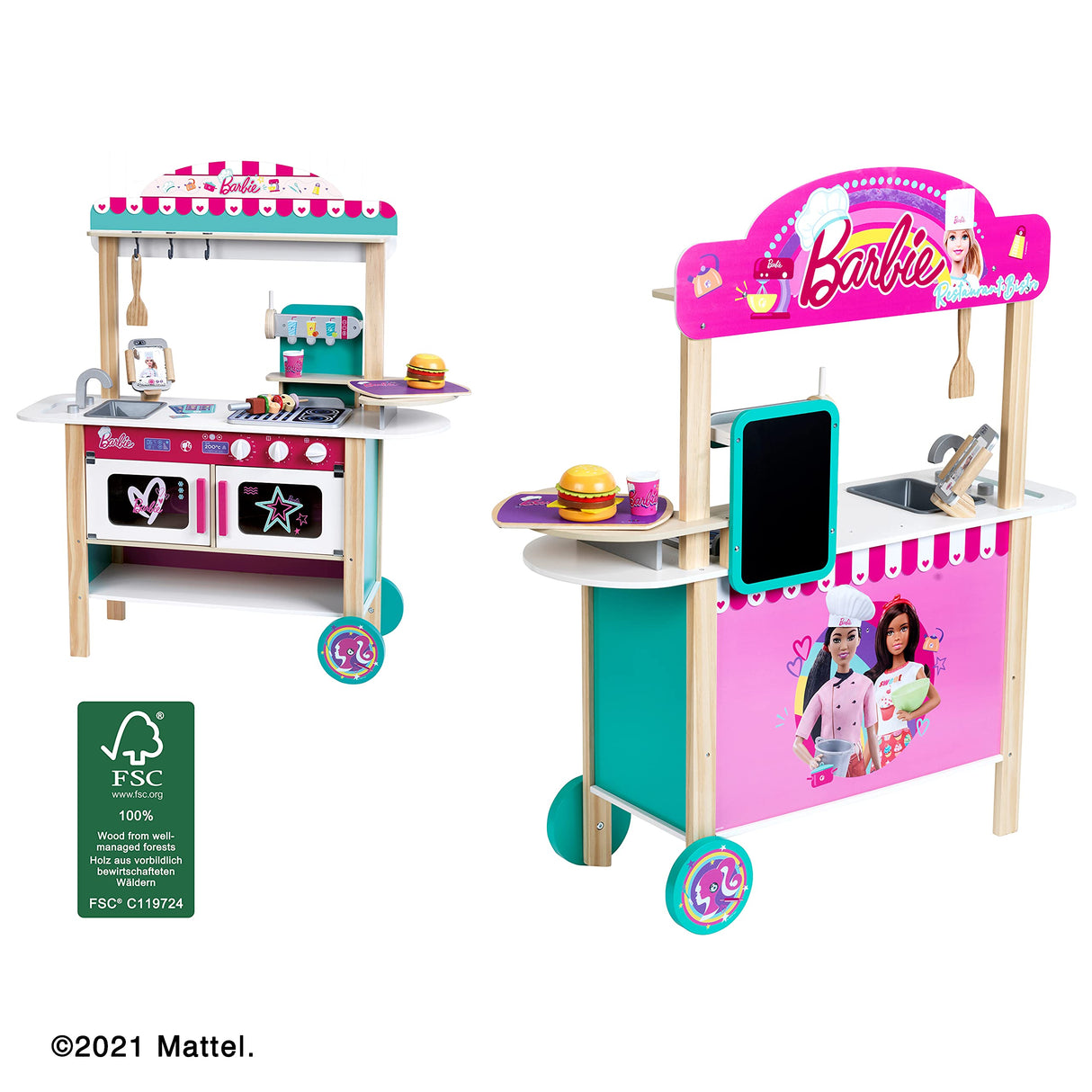 Theo Klein 7329 Cocina de Madera, Barbie Restaurante Tipo bistró, Madera (MDF), con Accesorios de bistró incluidos, Dimensiones: 94 cm x 32 cm x 106 cm, Juguete para niños a Partir de Tres años