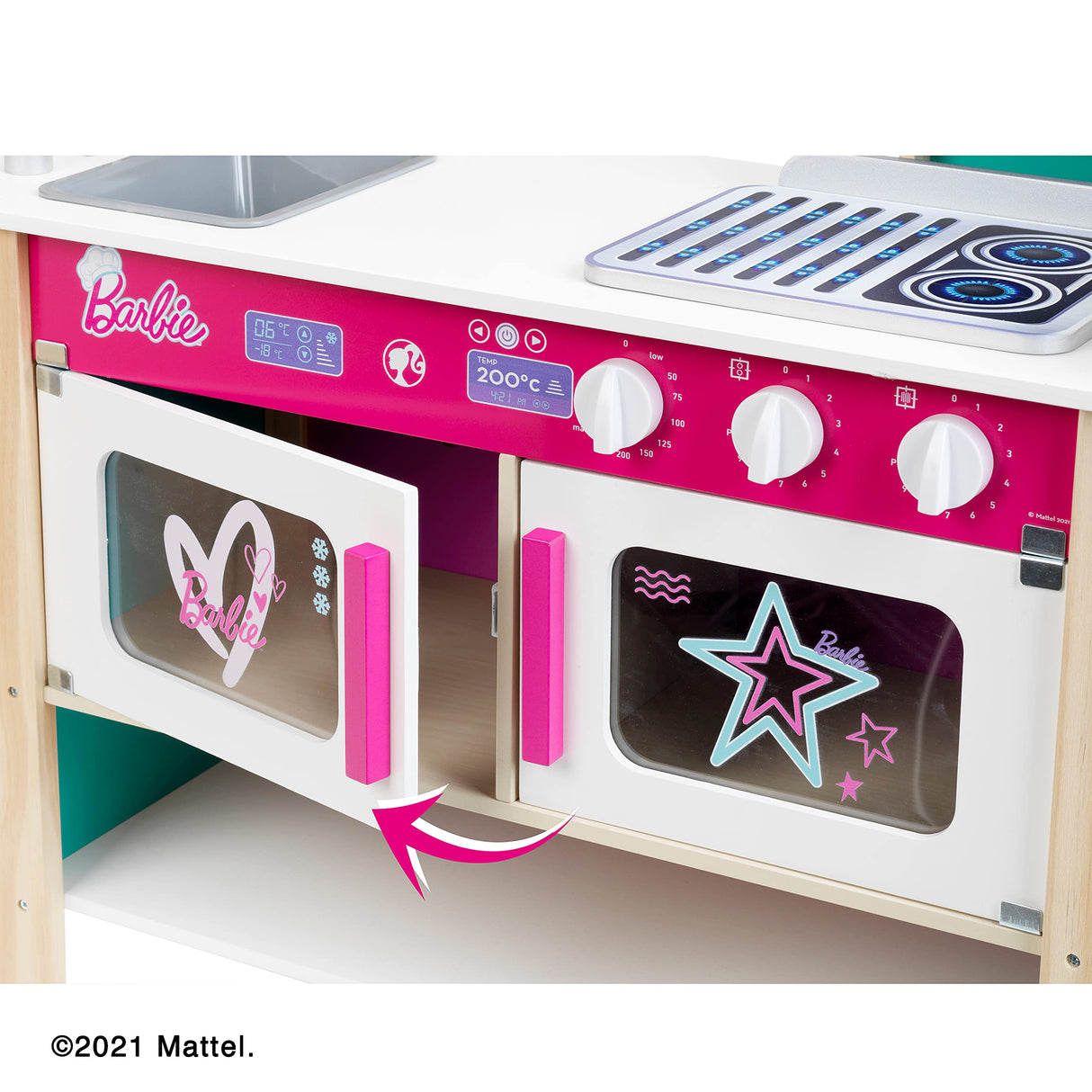 Theo Klein 7329 Cocina de Madera, Barbie Restaurante Tipo bistró, Madera (MDF), con Accesorios de bistró incluidos, Dimensiones: 94 cm x 32 cm x 106 cm, Juguete para niños a Partir de Tres años
