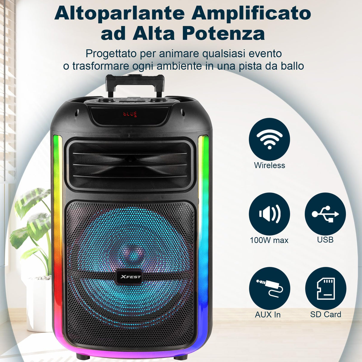 Trevi XFest XF 1400 KB - Altavoz inalámbrico de 100 W, altavoz portátil con micrófono con cable incluido, entradas USB, micro SD, entrada auxiliar y guitarra, función TWS, batería recargable integrada