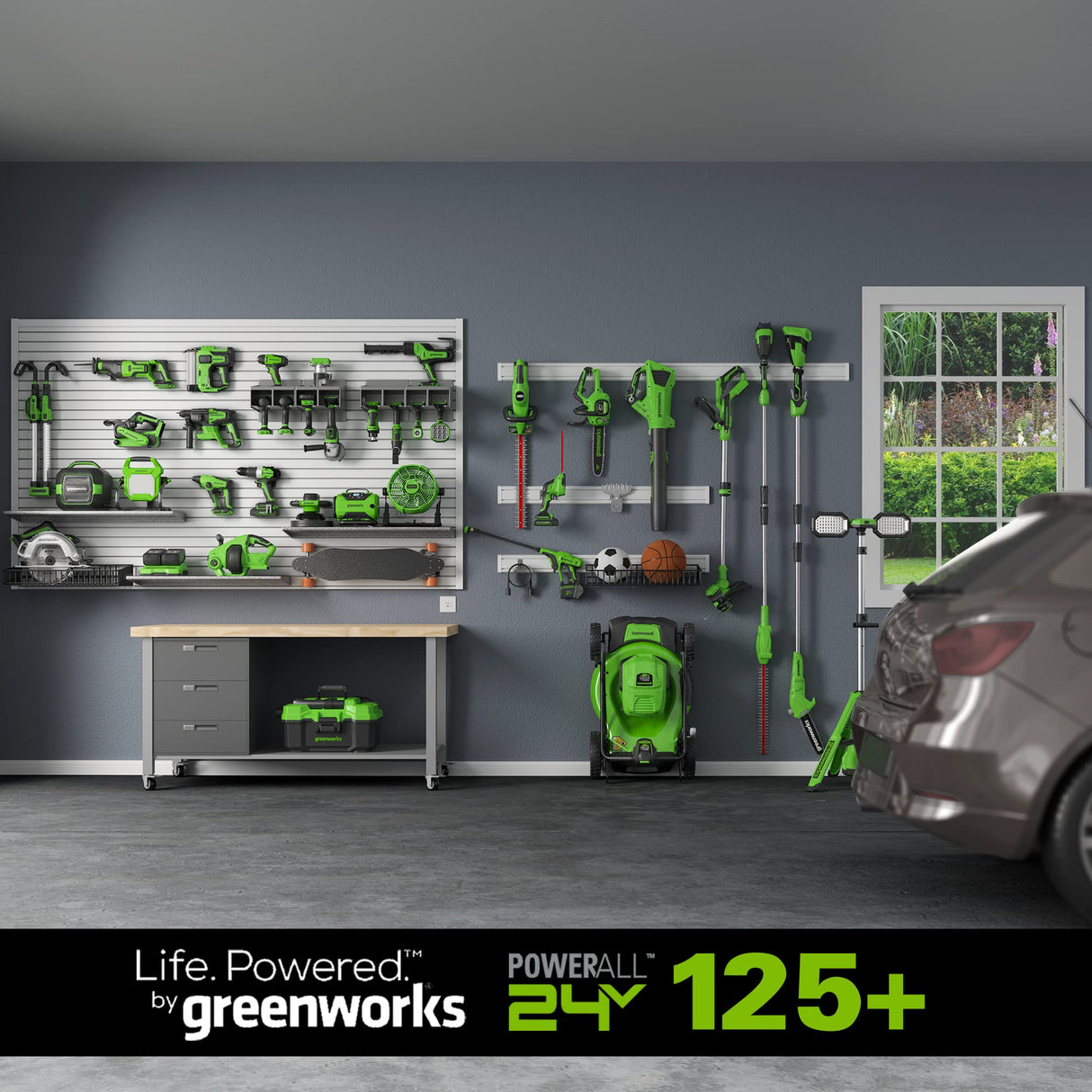 Greenworks GD24X2LT Recortadora de hilo con batería, Li-Ion 2x 24V ancho de corte 33cm 6200rpm diám. hilo 2mm alimentación automática flowerguard modo Hi/Low con 2 baterías 2Ah y cargador doble