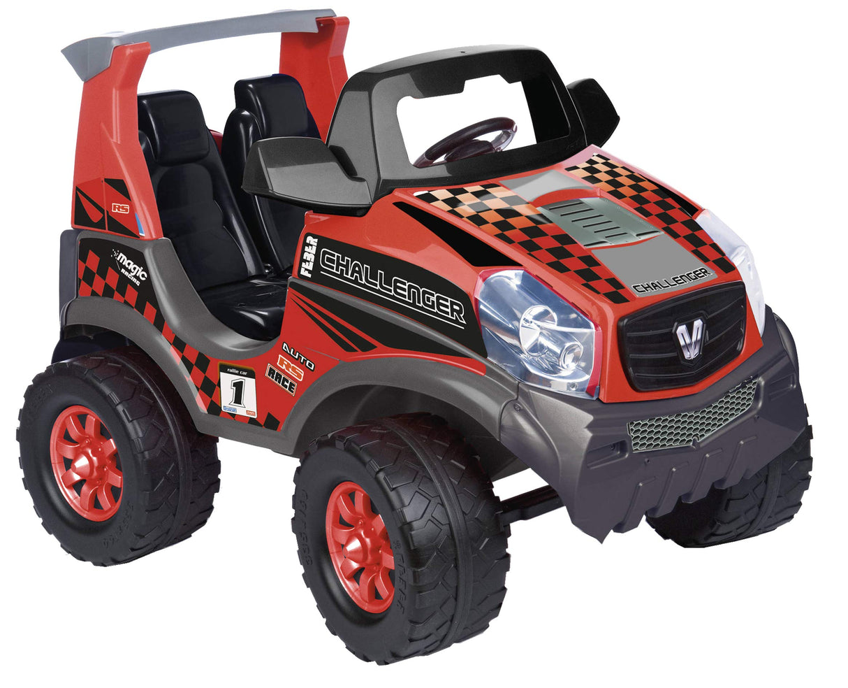FEBER - Challenger 12 V Coche, Coche de 2 Plazas Deportivo, Color Rojo, Alcanza 5,3km/h, Incluye Batería y Cargador, Autonomía de 40 min, para Niños de 3 a 7 años, Famosa (800008262)
