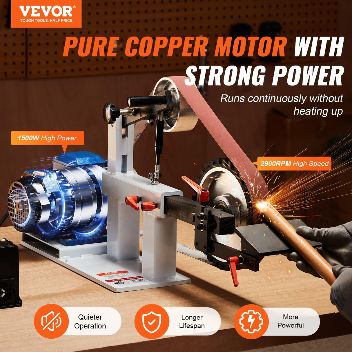 VEVOR Lijadora de Banda, Velocidad Variable de 850 x 300 x 470 mm con VFD, Pulidora de Banda de 1500 W y 2 HP con 3 Moldes de Pulido y 3 Bandas de Lijado para Trabajar Metales y Fabricar Cuchillos