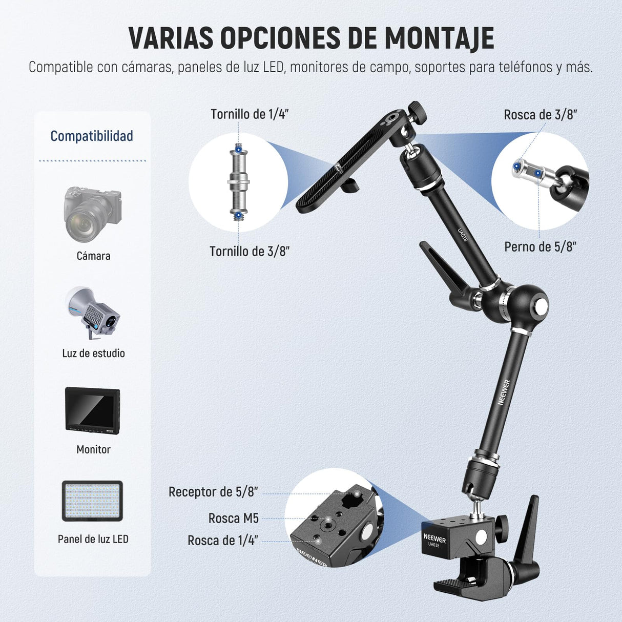 NEEWER 21" Brazo Mágico Montaje Cámara con Super Clamp,Soporte Escritorio Superior con 360° Cabezal Bola Dual,Adaptador Perno 1/4" 3/8" 5/8" para PA073 PA074 Phone Cage Rig DSLR Cámara Monitor, UA018