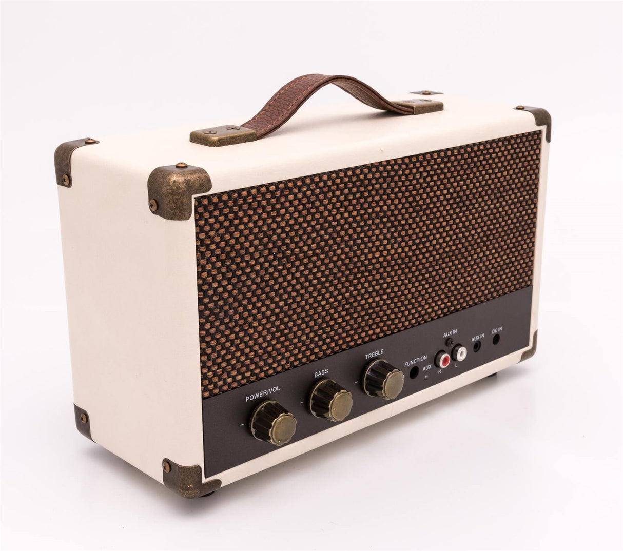 GPO Westwood Retro 25 Altavoz con subwoofer de 25 vatios, Entrada RCA, Bluetooth, Rejilla Vintage y asa de Transporte - Crema y Bronce