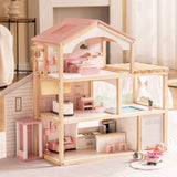 ROBUD Casa de muñecas de Madera,Villa de muñecas con Muebles,con Ascensor, Garaje, cenador y Piscina,Regalo para niños a Partir de 3, 4, 5, 6 años y Mayores,Rosa