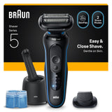 Braun Afeitadora Eléctrica Hombre Series 5, Máquina De Afeitar En Seco Y Mojado, 2 Modos De Afeitado, 50 Min De Uso, Centro De Limpieza, Recortadora De Precisión, Estuche De Viaje, 52-B7200CC, Azul