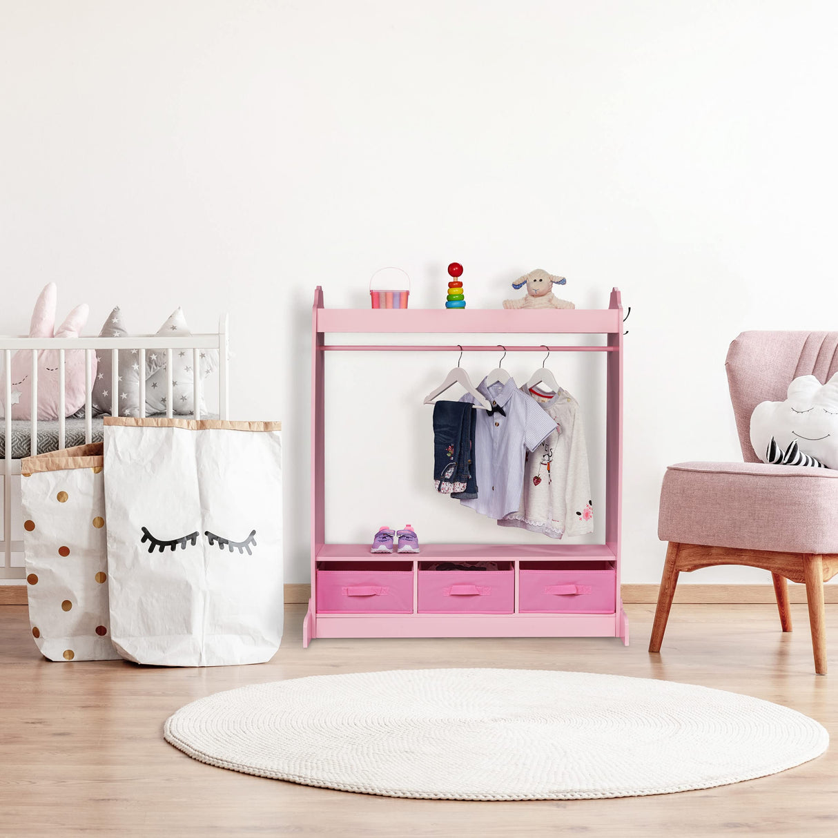 Relaxdays Perchero Infantil, 5 Compartimentos, Colgador de Ropa Niñas, con Gancho y Espejo, 107 x 97,5 x 61 cm, Rosa, Tablero de Fibras
