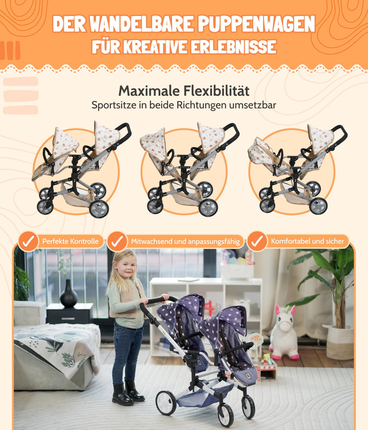 Bayer Chic 2000® Cochecito para muñecas Linus Duo – Osos Beige – Cochecito Doble Plegable – Mango Ajustable 50 – 82 cm – Muñecas de hasta 50 cm – 4-8 años