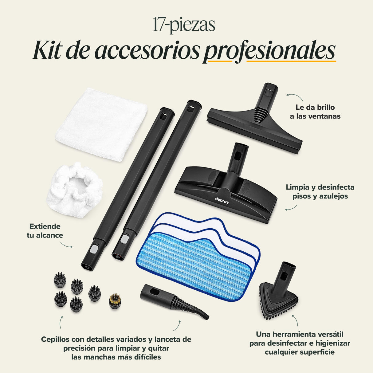 Dupray Neat Limpiador a Vapor con 17 Piezas – Potente limpiador de vapor multifunción para el hogar: suelos, baldosas, juntas, colchones, muebles, ventanas, coche y más (Neat Steam Cleaner EU Plug)
