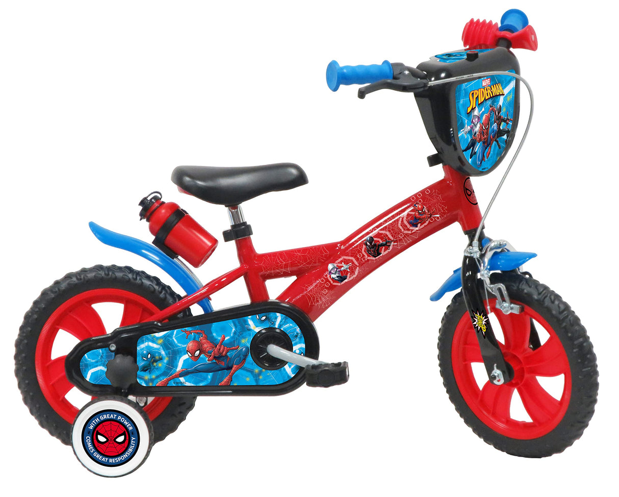 ATLAS 12' Bicicleta Spiderman Equipada con 1 Freno, Placa Delantera Decorativa, Guardabarros, cárter y estabilizadores. Chico, Rojo
