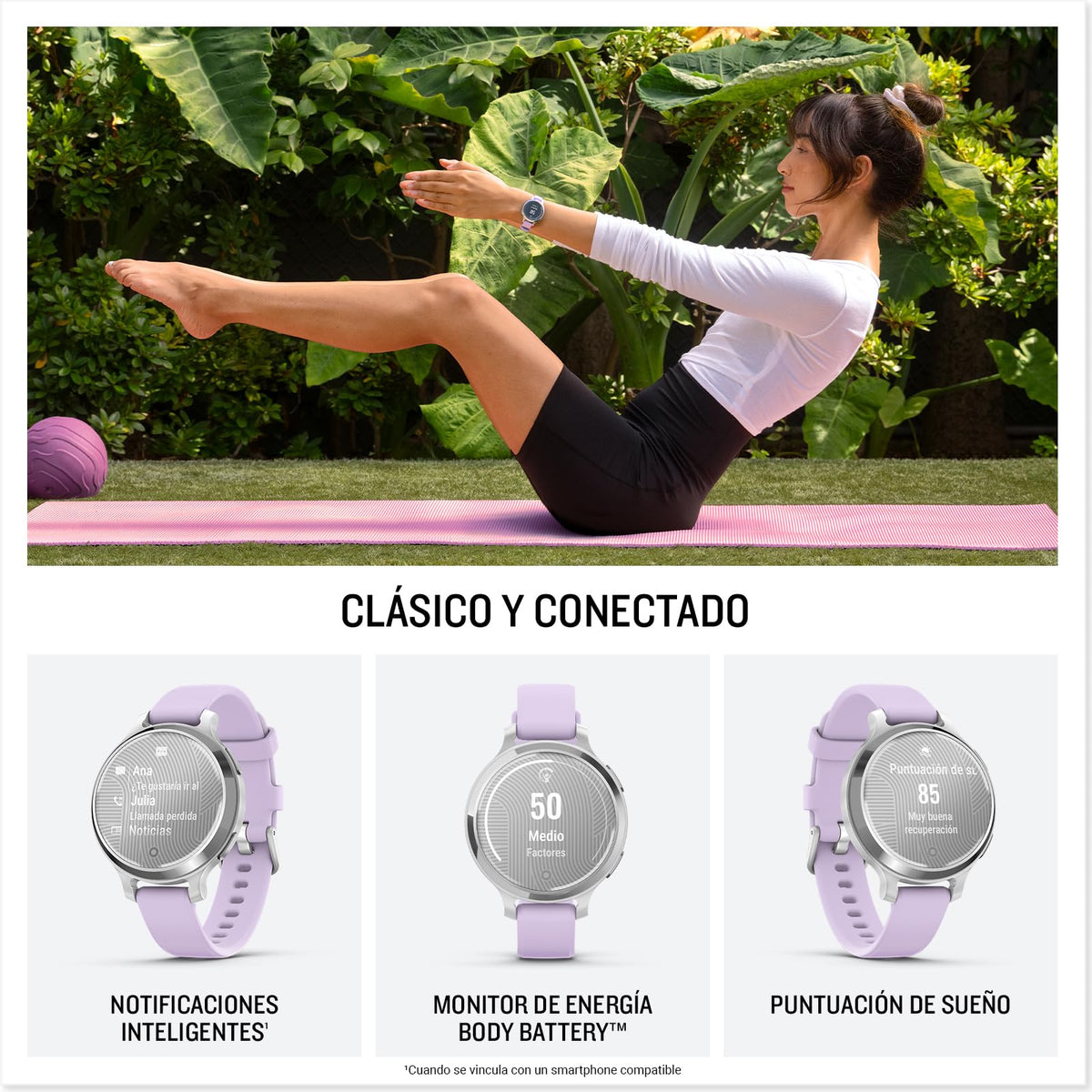 Garmin Lily 2 Active, Reloj Inteligente con GPS, Diseño Elegante, Datos de Salud y Forma Física, Pantalla Táctil, Notificaciones Inteligentes, Autonomía hasta 9 días, Plata con Correa Morada