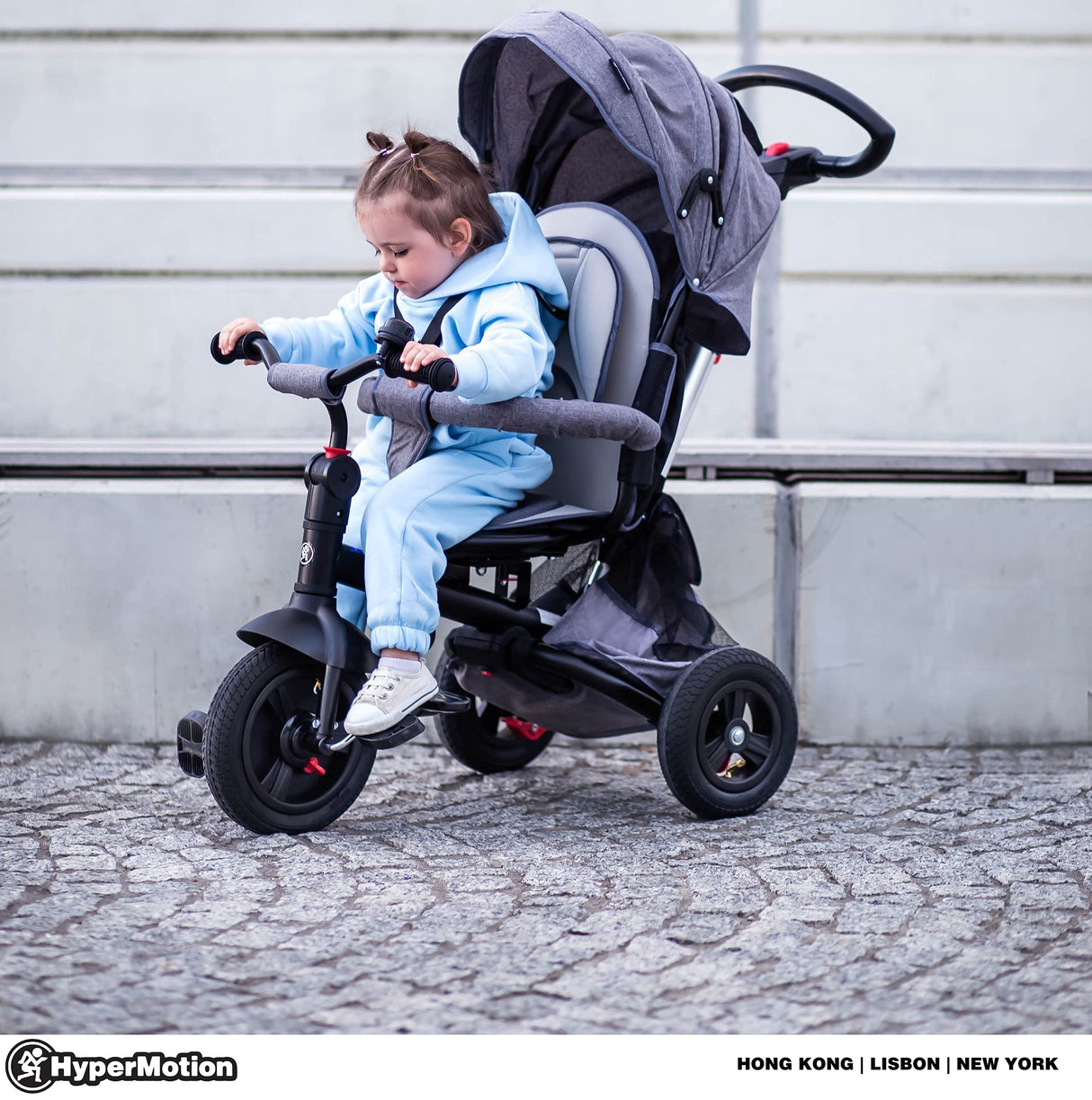 HyperMotion Triciclo Infantil 3 en 1 - Coche para Bebé con Asiento Giratorio y Cubierta de Lluvia - Triciclo Evolutivo 12 Meses a 5 Años, Plegable, Ruedas Bombeadas, 25kg, Gris