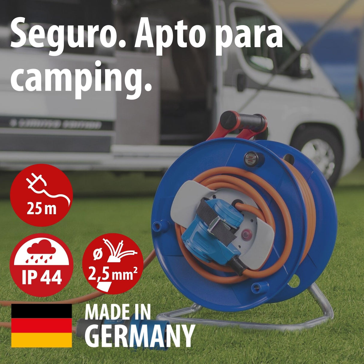 Brennenstuhl enrollacable de camping/Enrollacable CEE 230V 25m (H07RN-F 3G2,5 en naranja, acoplamiento angular CEE incl. toma combinada de contacto de protección, IP44, fabricado en alemania)